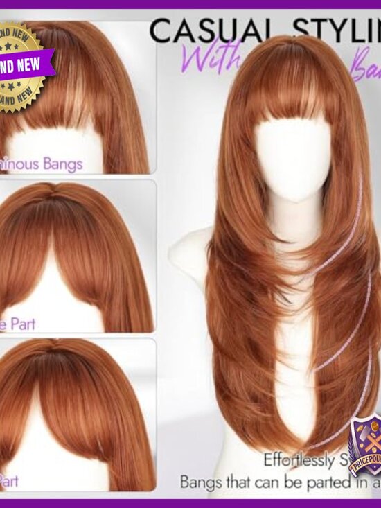 Long Layered Human Hair Wig with Bangs Heat Resistant 26 Inch main image 5